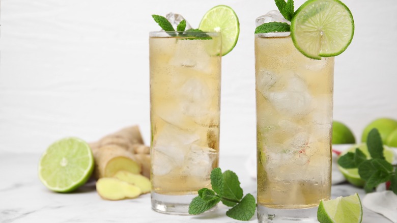 cocktails in highball glasses with limes