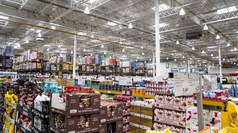 products stacked inside costco warehouse