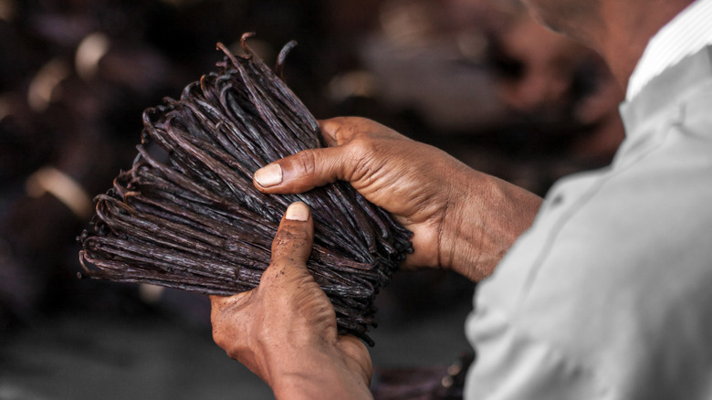 man holding vanilla beans