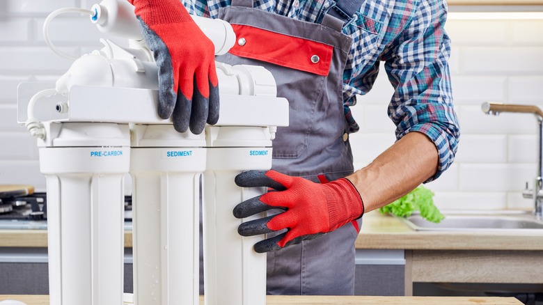 person holding triple-filtered water system