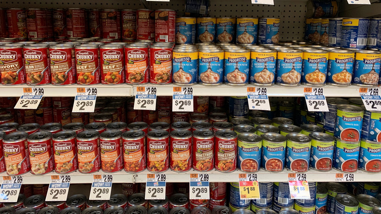 Cans of soup on shelves