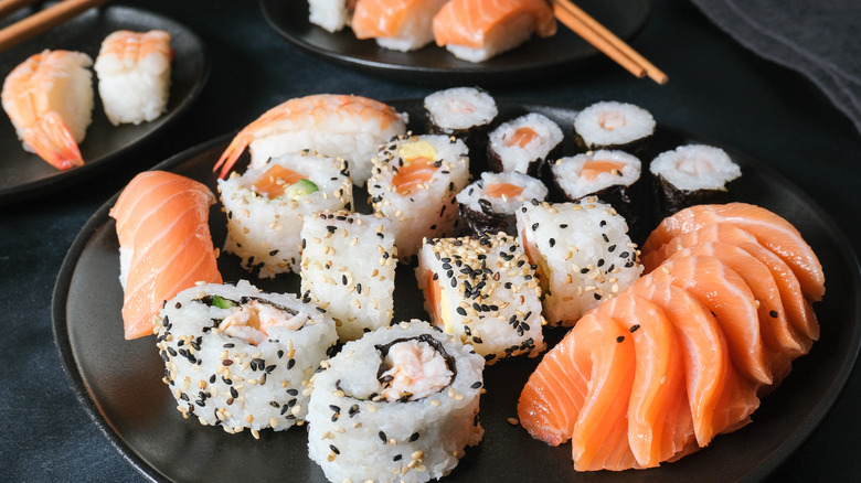 Different types of salmon and shrimp sushi
