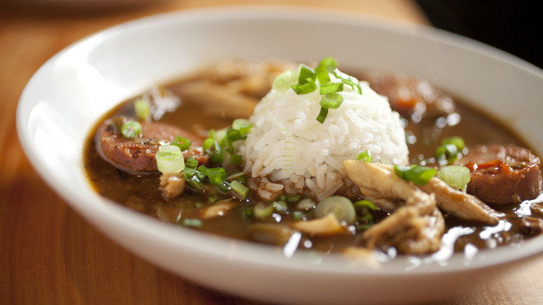 Bowl of gumbo with rice 