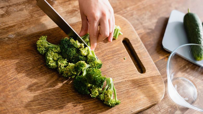 cutting up broccoli florets