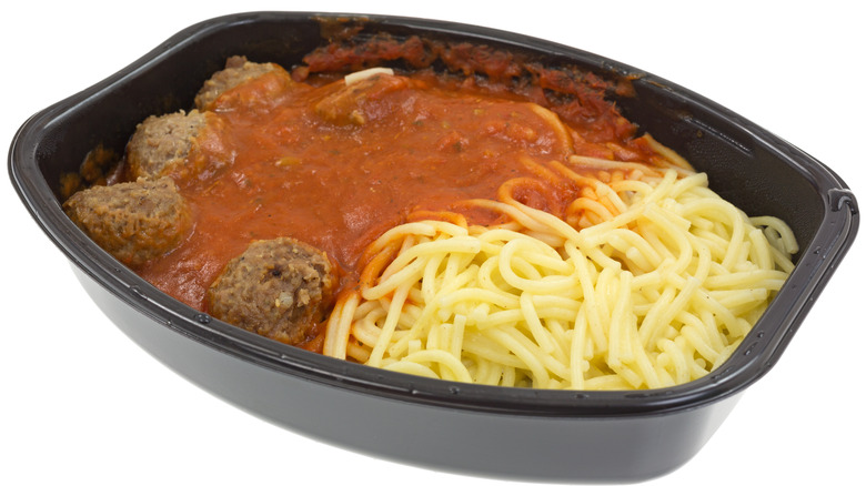 Microwave meal of spaghetti, sauce, and meatballs