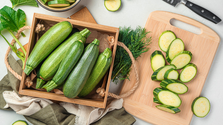 Chopped zucchini on cutting board