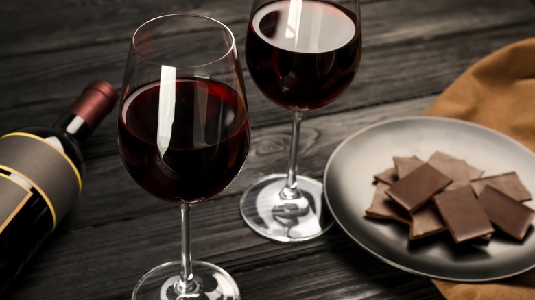 Two glasses of red wine paired with chocolate