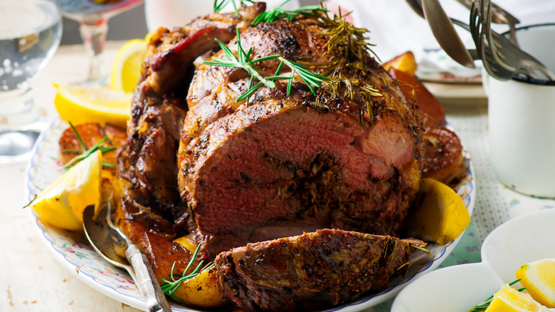 A roasted lamb leg with herbs