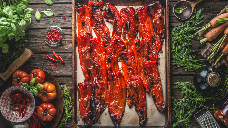 roasted red peppers on a baking sheet