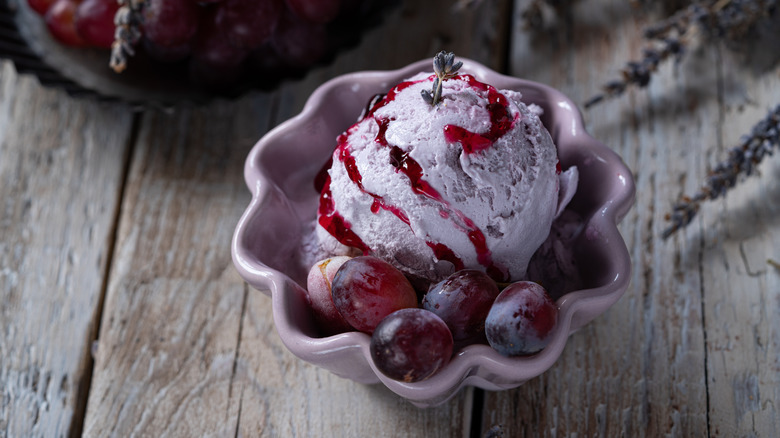 Lavender ice cream with grapes