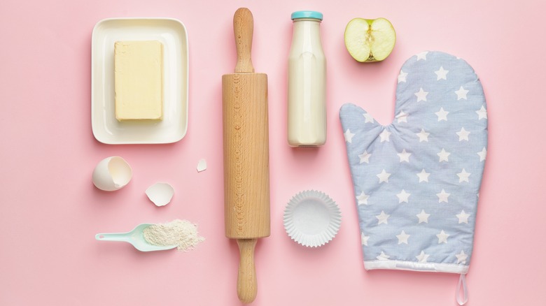 Rolling pin, butter, and baking items