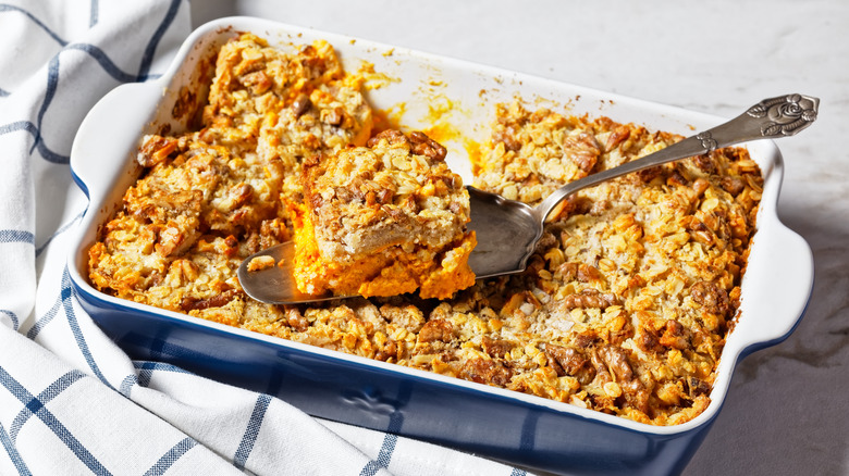 pumpkin dump cake in baking dish