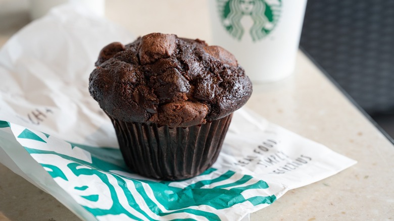 A Starbucks chocolate muffin with branded packaging