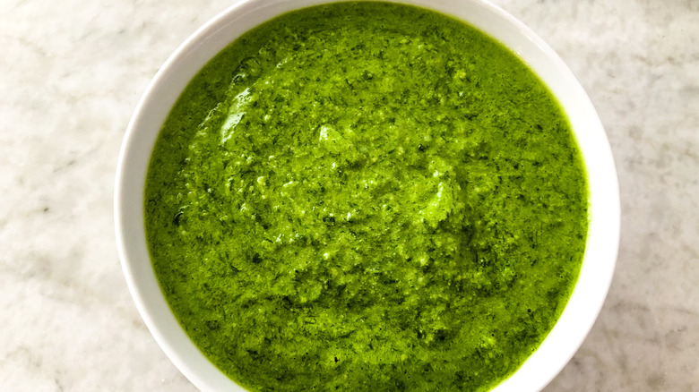 pesto in a ceramic bowl 