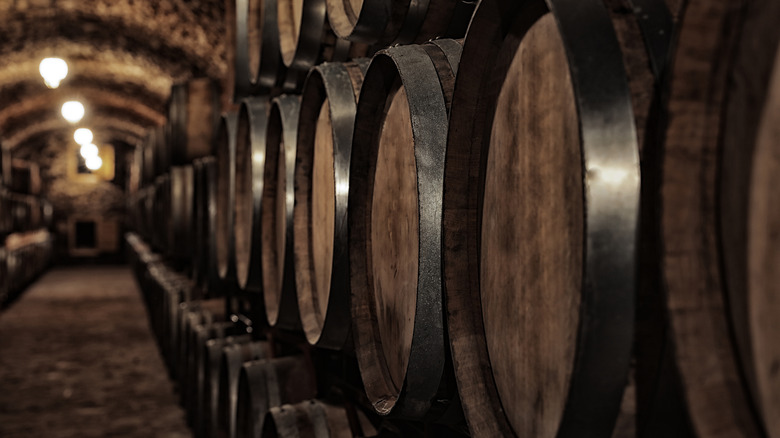 Wooden barrels in a row