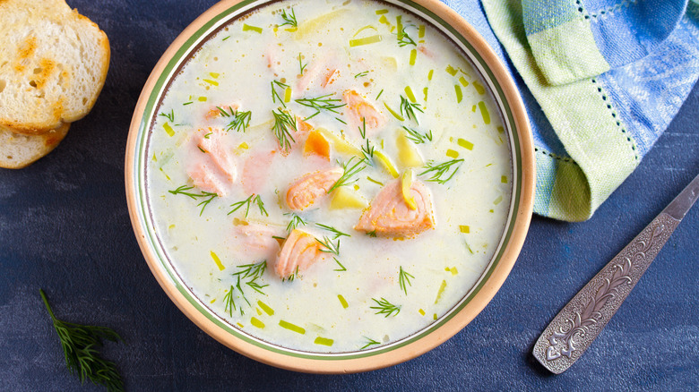 bowl of salmon and broth