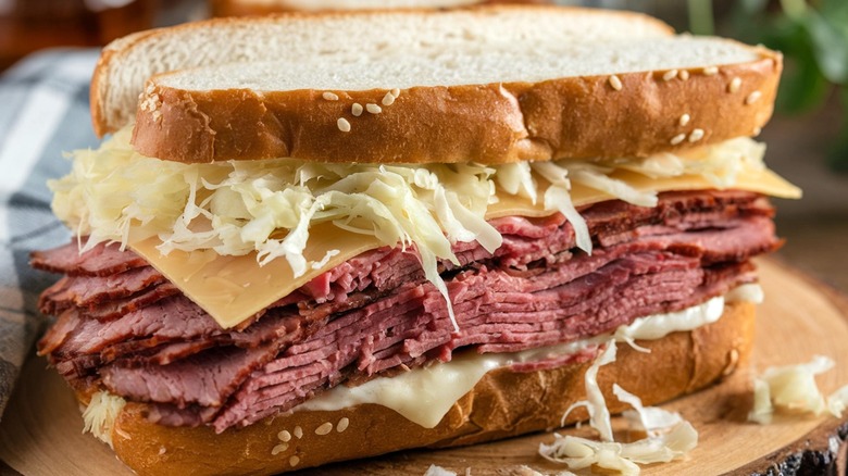 reuben sandwich on wood