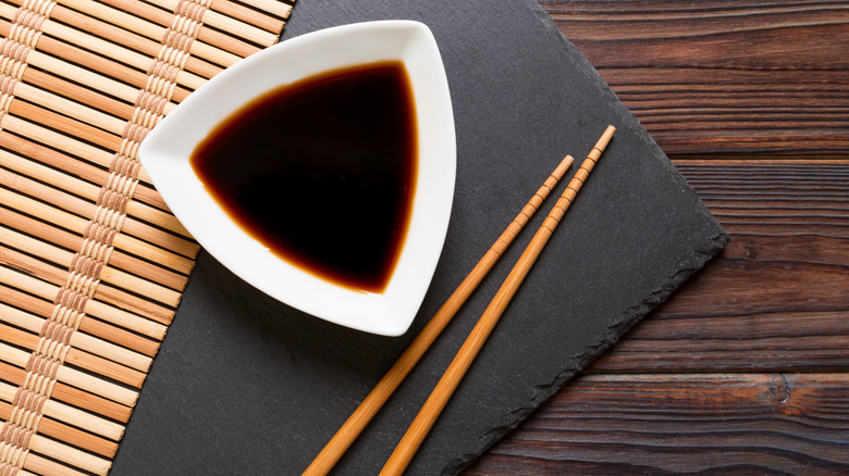 Small bowl of soy sauce