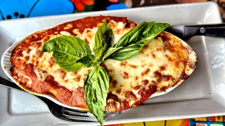 dish of baked pasta on colorful table at Bizzarro Italian Cafe in Seattle