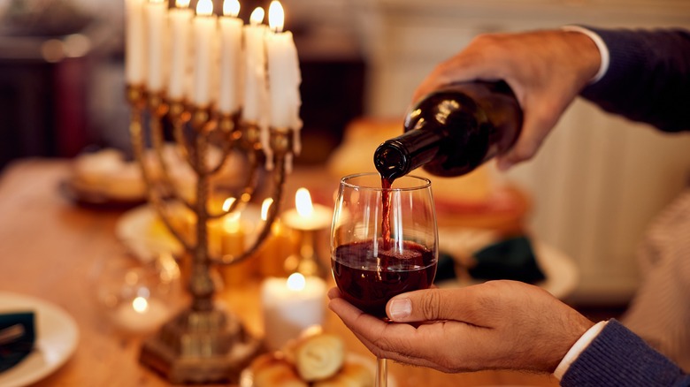 Kosher wine at a Hanukkah dinner table