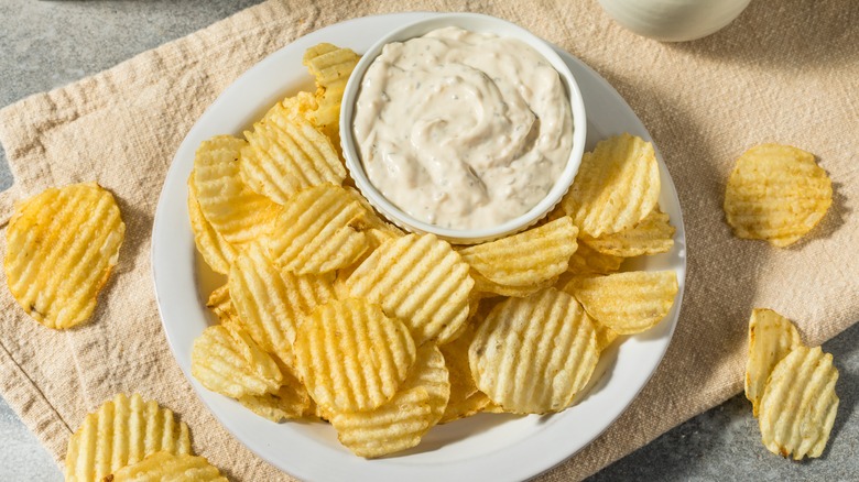 salty crinkle cut chips and dip