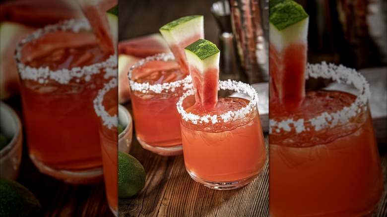 Watermelon margaritas with salt rims.