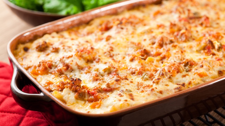 Cheesy lasgana in baking pan