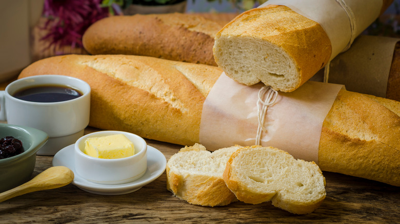 Sliced baguettes on a table