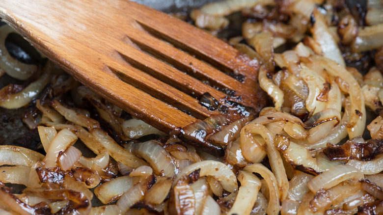 spatula in caramelized onions