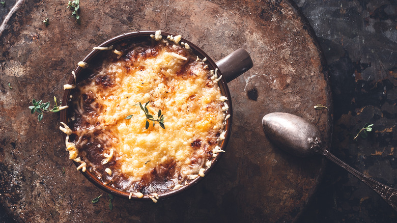 Birds eye view of ramekin of French onion soup