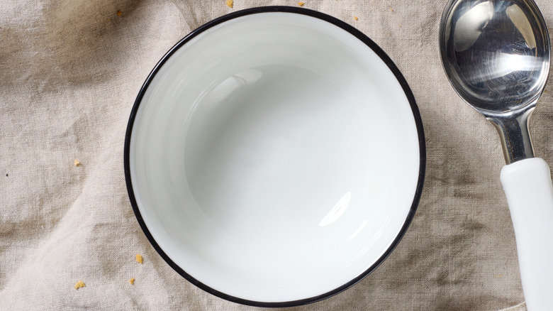 Ice cream scoop next to white bowl on tablecloth