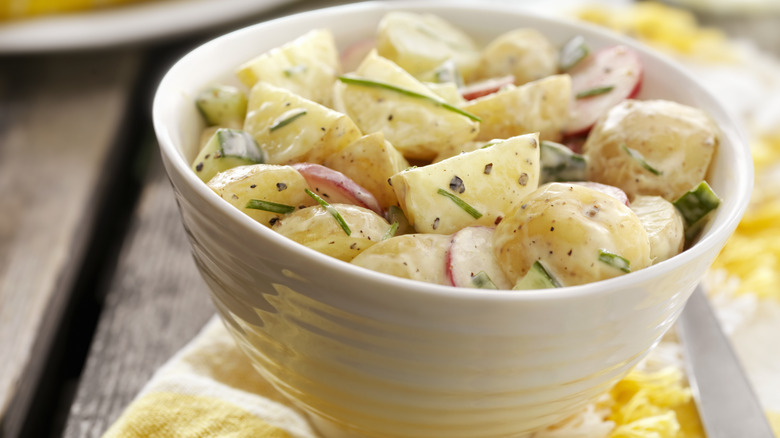 Close-up of a bowl of homemade potato salad