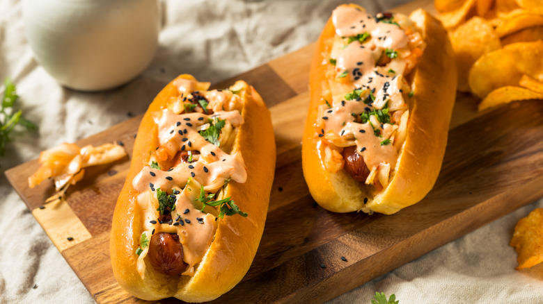 hot dogs with kimchi and mayo