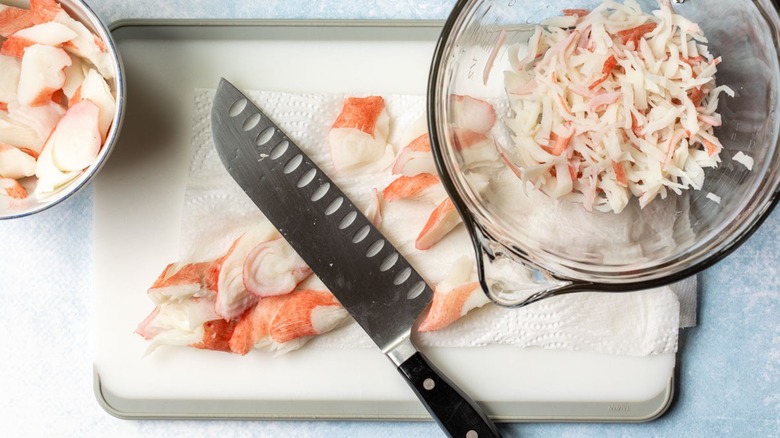 Knife blade on crab sticks