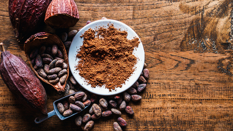 Cacao beans beside a plate of cacao grounds
