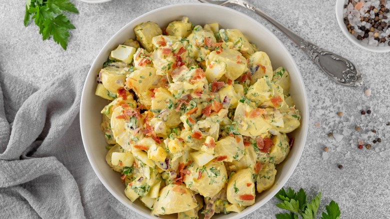 Potato salad with bacon toppings