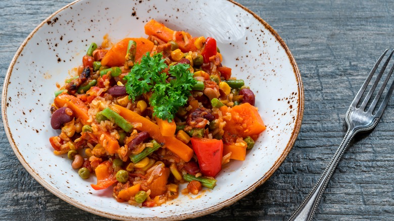 Vegan jambalaya in white bowl