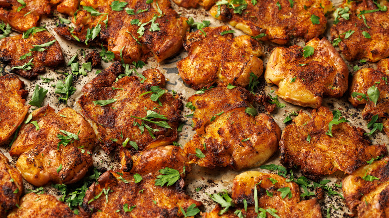 close up of crispy smashed potatoes