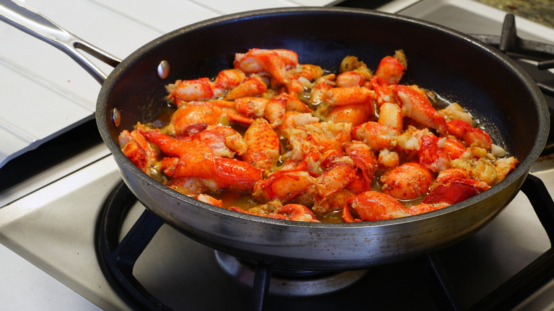 lobster chunks in a pan