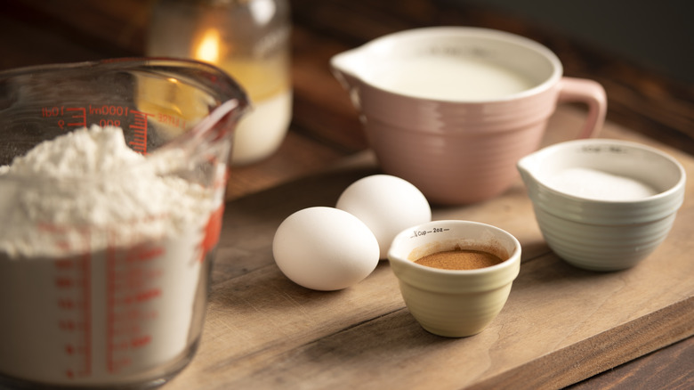 cake ingredients in small bowls