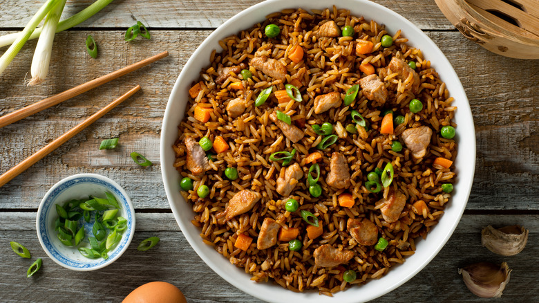 A bowl of pork fried rice