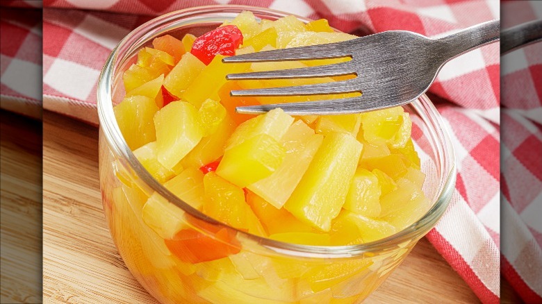 bowl of canned fruit cocktail