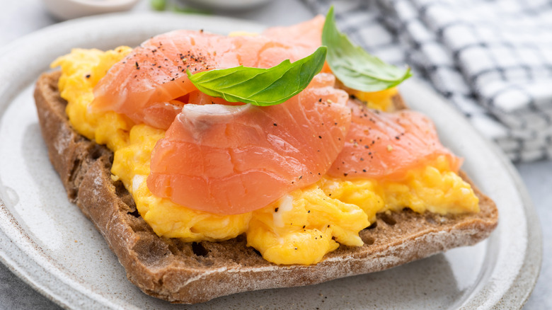 Smoked salmon on scrambled eggs