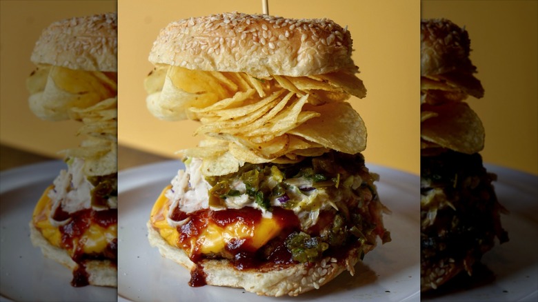 Bobby Flay Signature Burger with potato chips