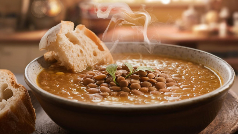 Homemade lentil soup with a slice of bread