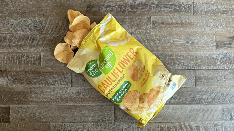 An opened bag of cauliflower potato chips