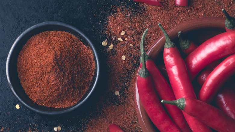 Peppers and paprika on a table