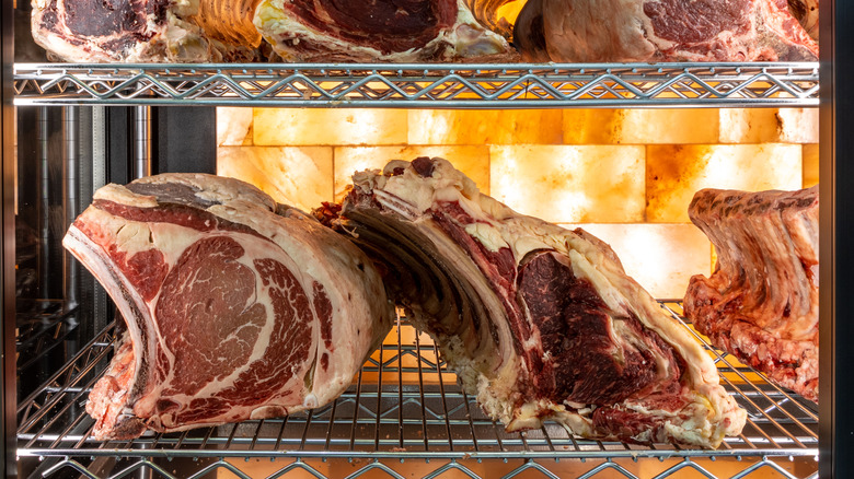 Dry aged steaks on shelf