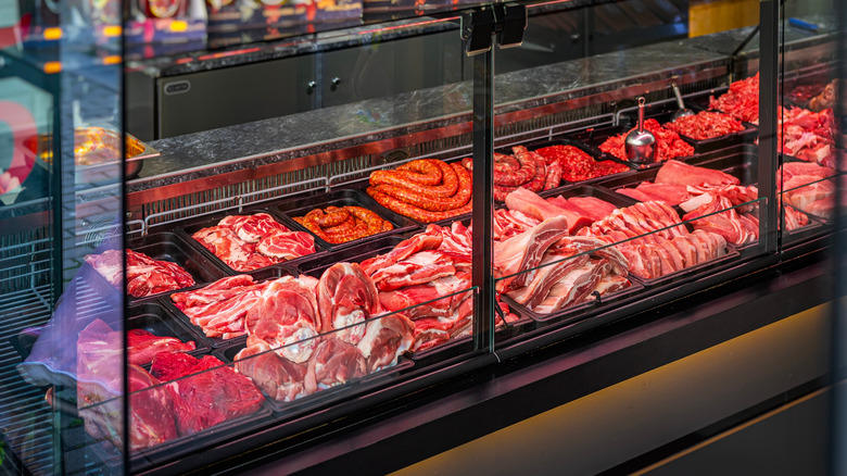 beef inside a butcher case