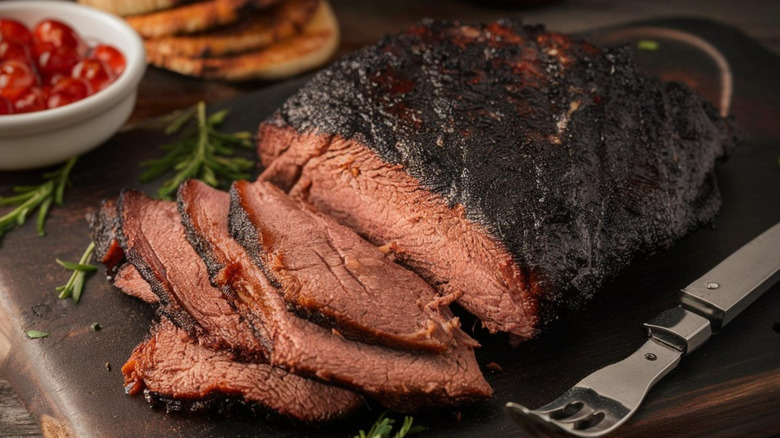 Sliced BBQ brisket with richly charred exterior